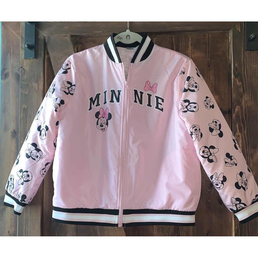 Disney Minnie Mouse Youth 14-16‎ Pink Satin Bomber Jacket Zip Up Quilted Inside
